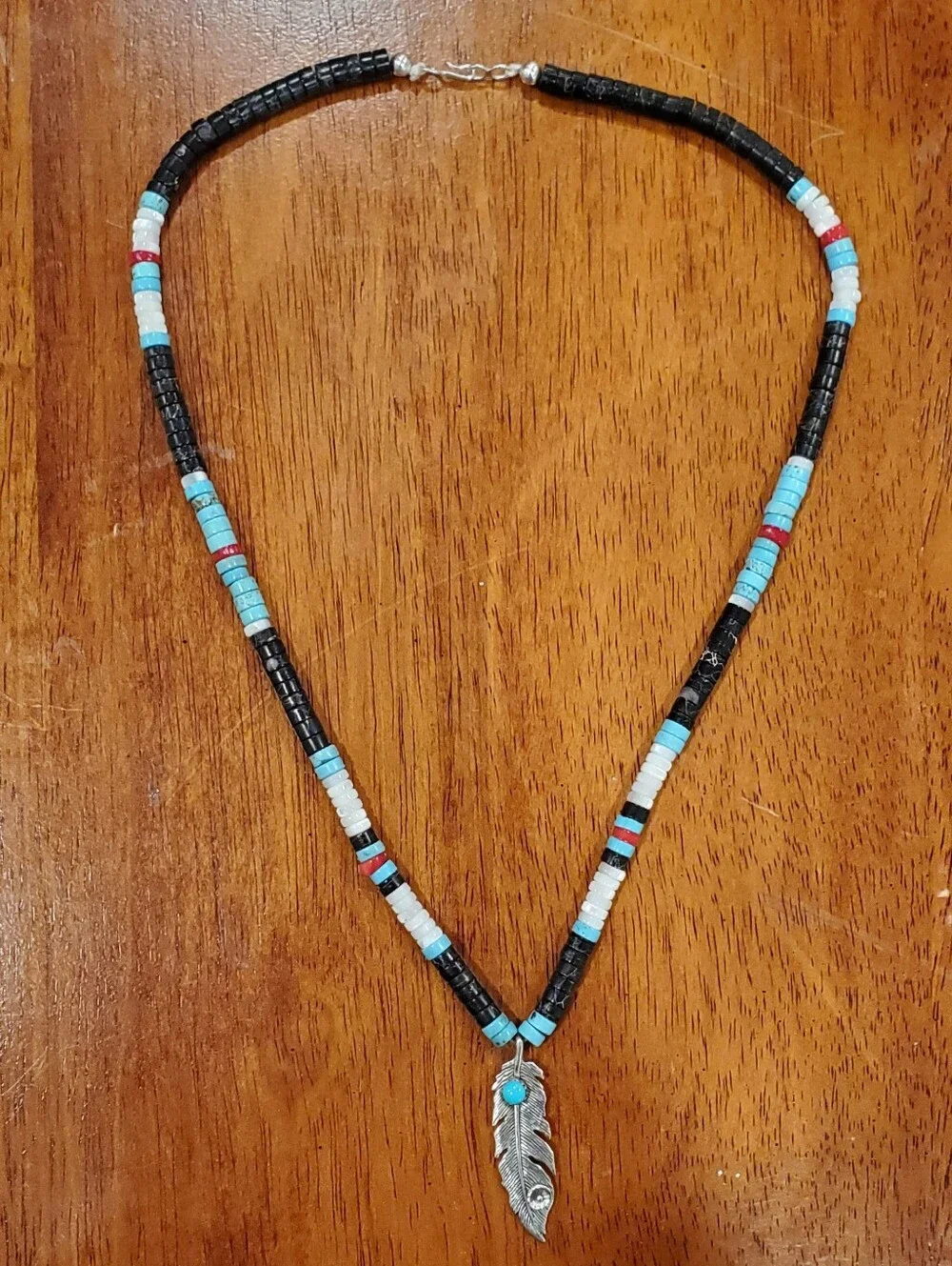 Native American Turquoise Heishi Bead Necklace Sterling Silver Pendant Signed FP
